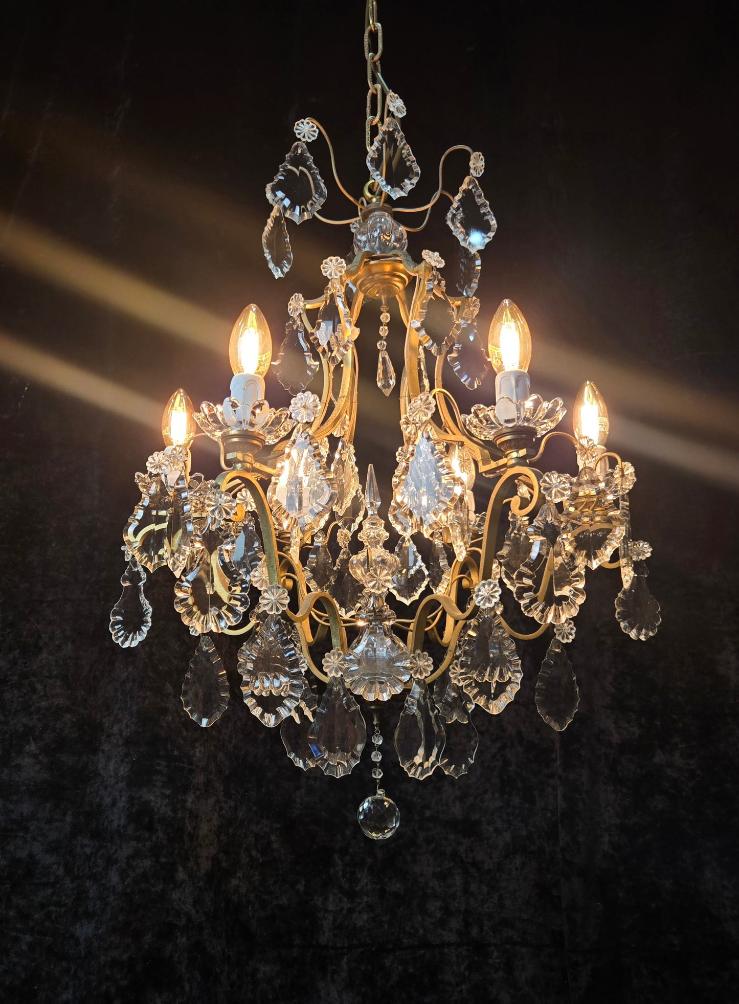 Classical Antique French 6 Arm Caged Bronze Crystal Chandelier Ceiling Light