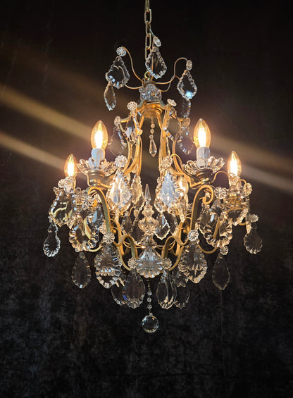 Classical Antique French 6 Arm Caged Bronze Crystal Chandelier Ceiling Light