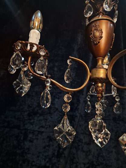 Lovely Vintage Italian 3 Arm Brass Crystal Leaf Chandelier Ceiling Light