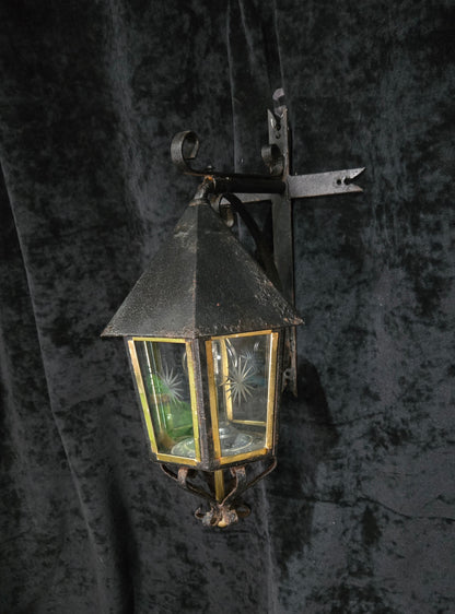 Traditional Antique Wrought Iron Starburst Cut Glass Outdoor Wall Lantern Light