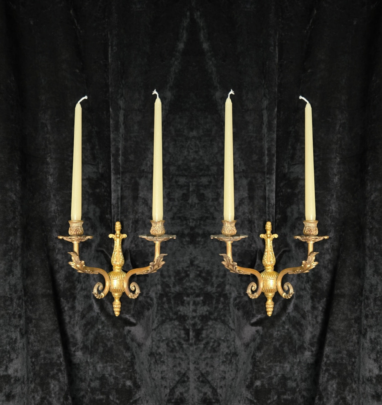 Decorative Pair of Antique French 2 Arm Solid Brass Candle Wall Lights Sconces