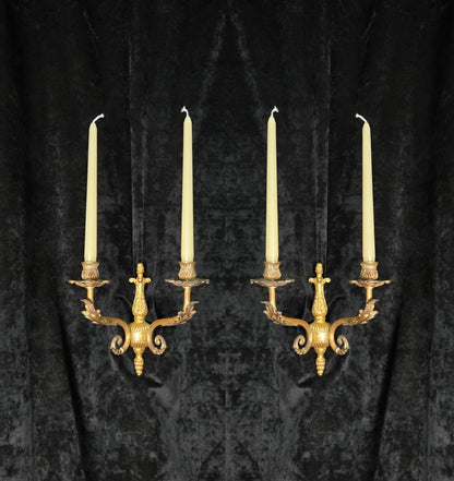 Decorative Pair of Antique French 2 Arm Solid Brass Candle Wall Lights Sconces