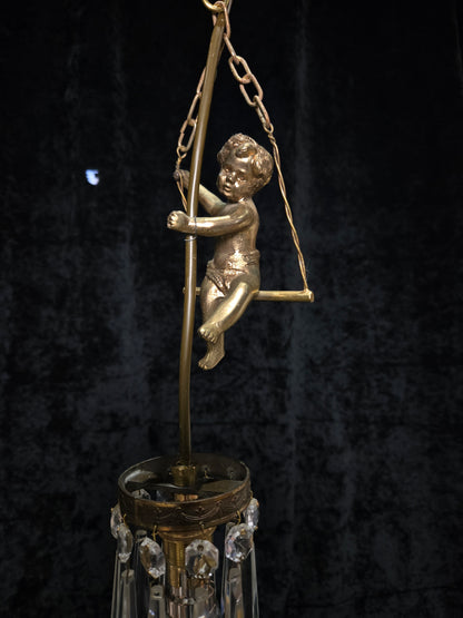 Beautiful Petite Vintage French Brass Cherub Crystal Chandelier Ceiling Light