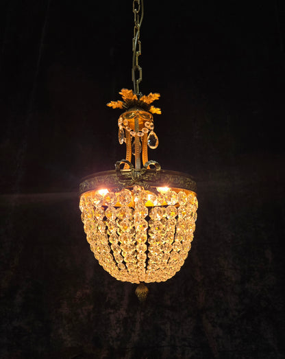 Traditional Antique French 3 Light Brass Bronze Crystal Empire Chandelier