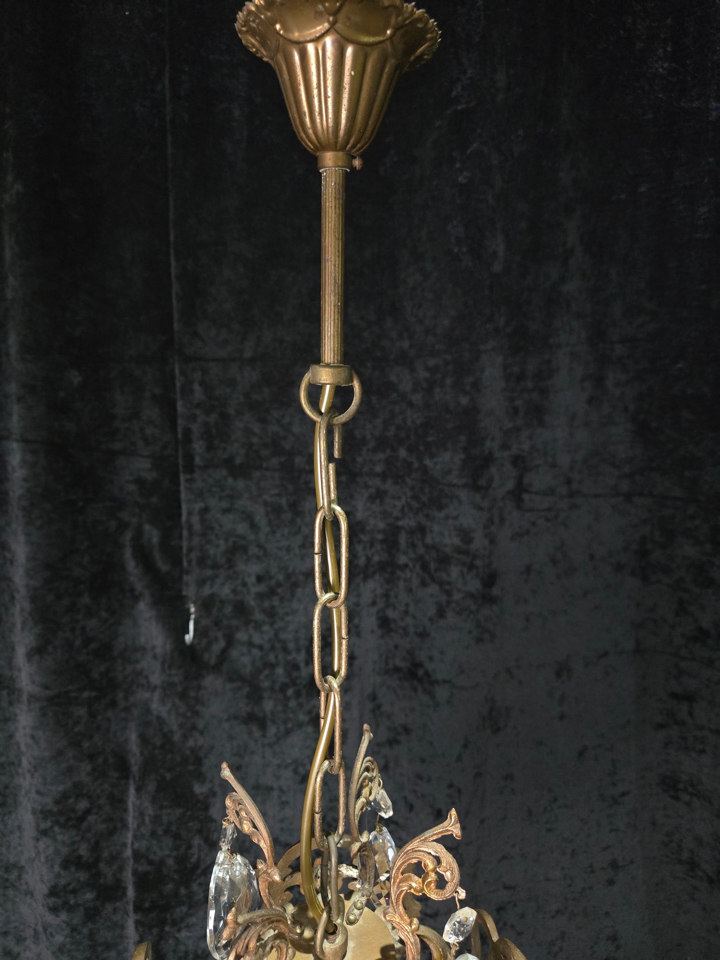 Beautiful Antique French 1 Light Brass Crystal Cage Chandelier Ceiling Light