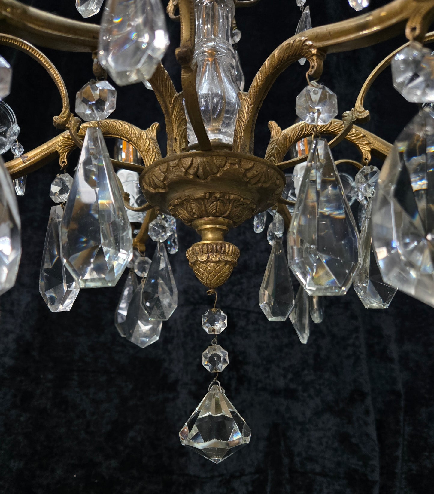 Fabulous Antique French 6 Arm Brass 2 Tier Crystal Chandelier Ceiling Light