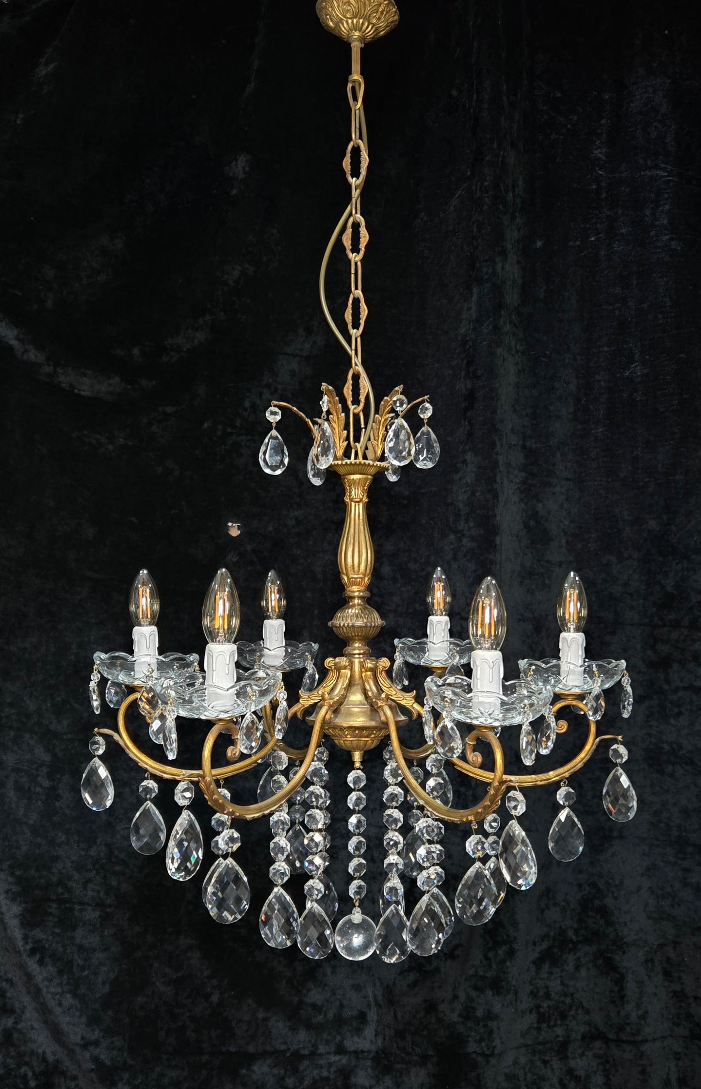 Gorgeous Heavy Vintage Italian 6 Arm Brass Leaf Crystal Chandelier Ceiling Light