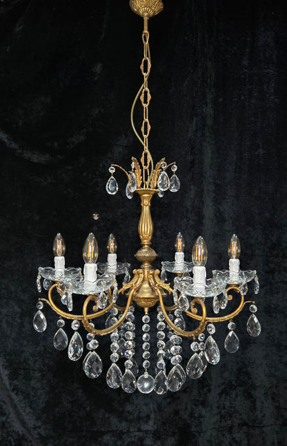 Gorgeous Heavy Vintage Italian 6 Arm Brass Leaf Crystal Chandelier Ceiling Light