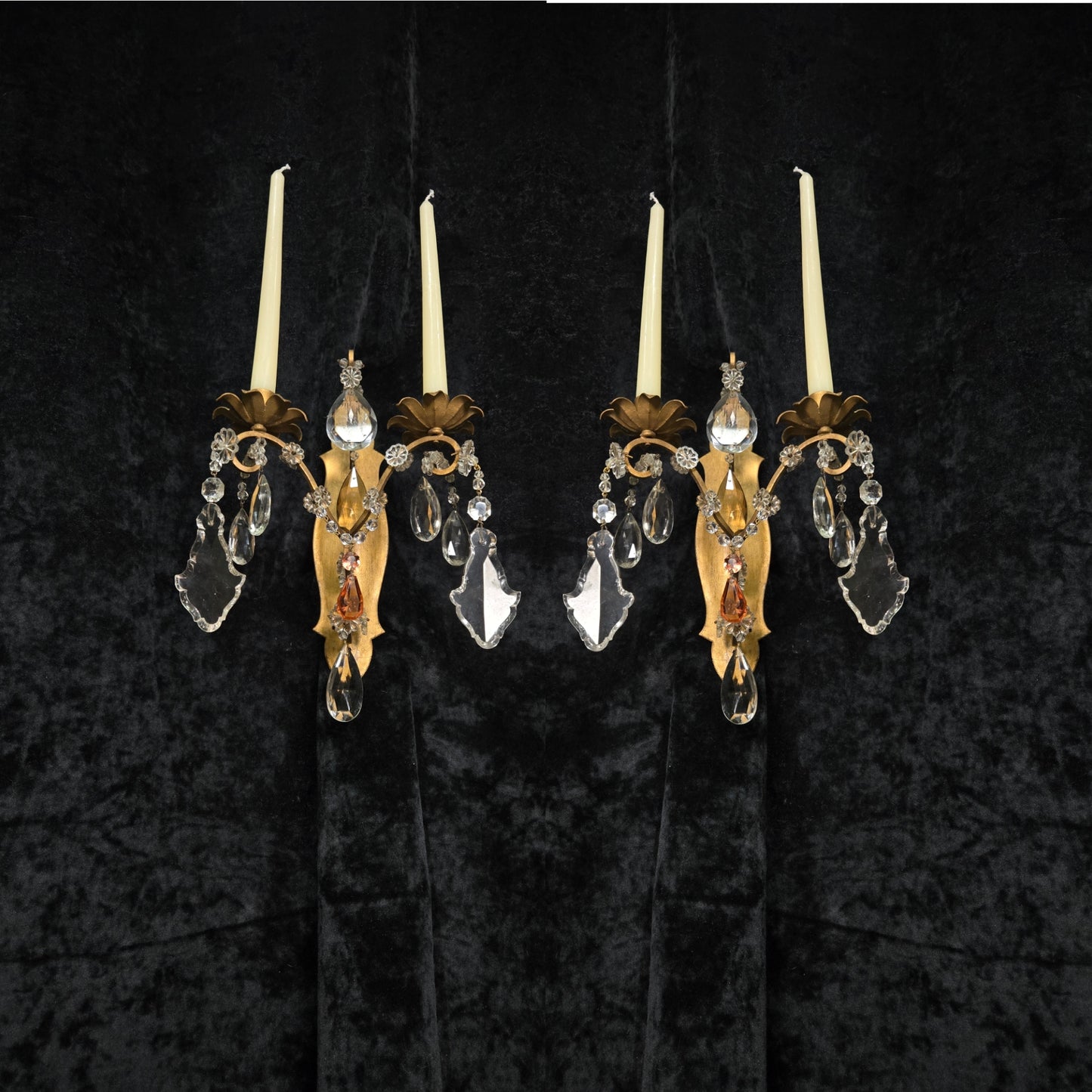 Fabulous Pair Vintage Italian 2 Arm Gilded Wrought Iron Crystal Candle Sconces