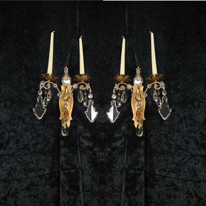 Fabulous Pair Vintage Italian 2 Arm Gilded Wrought Iron Crystal Candle Sconces