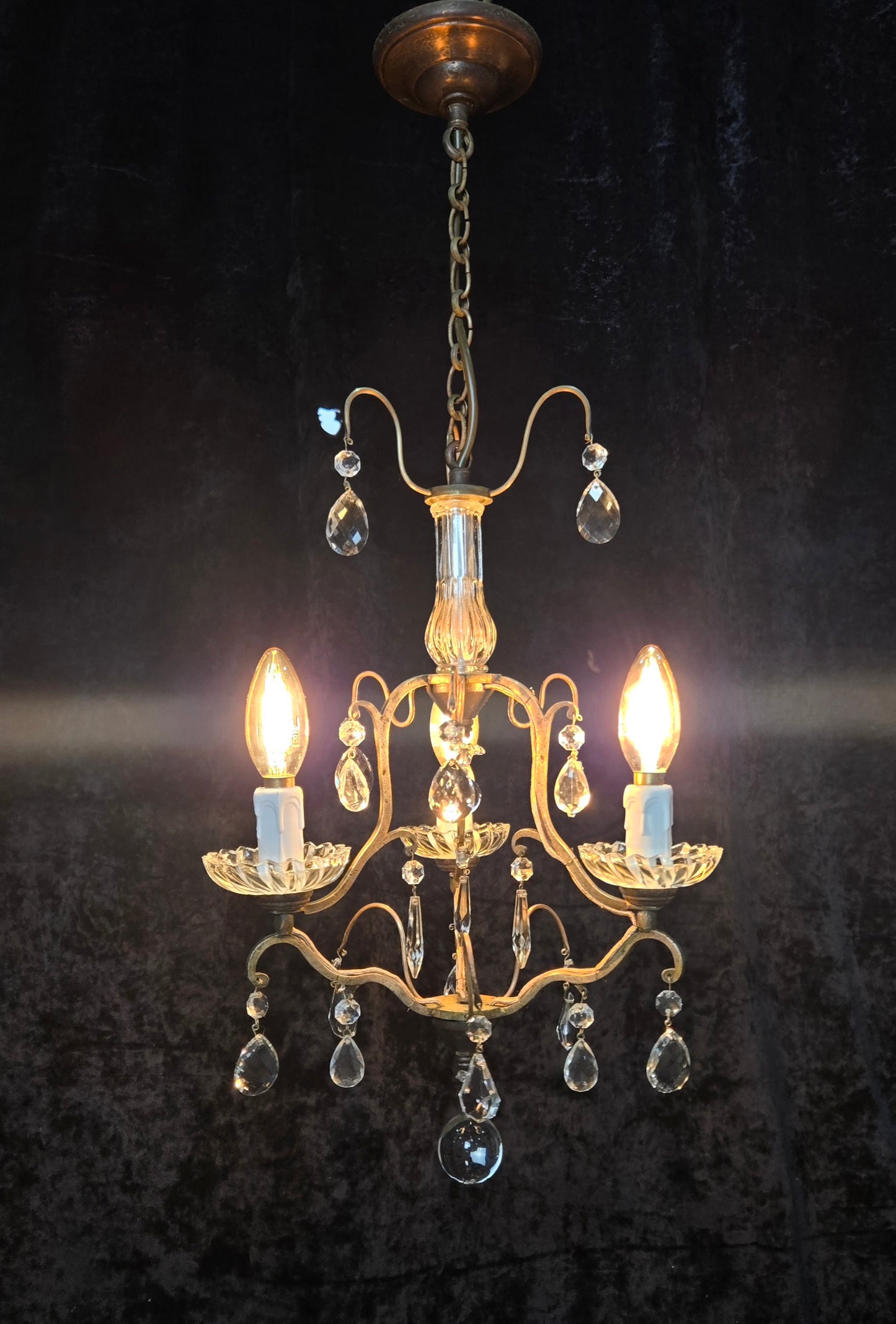 Lovely Petite Antique French 3 Arm Cage Brass Crystal Chandelier Ceiling Light