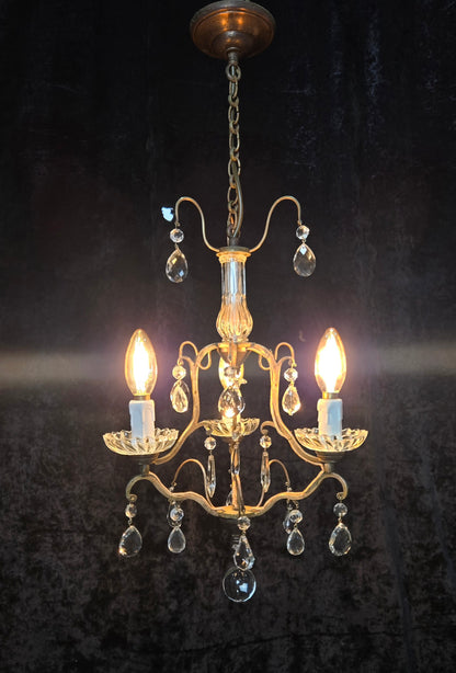Lovely Petite Antique French 3 Arm Cage Brass Crystal Chandelier Ceiling Light