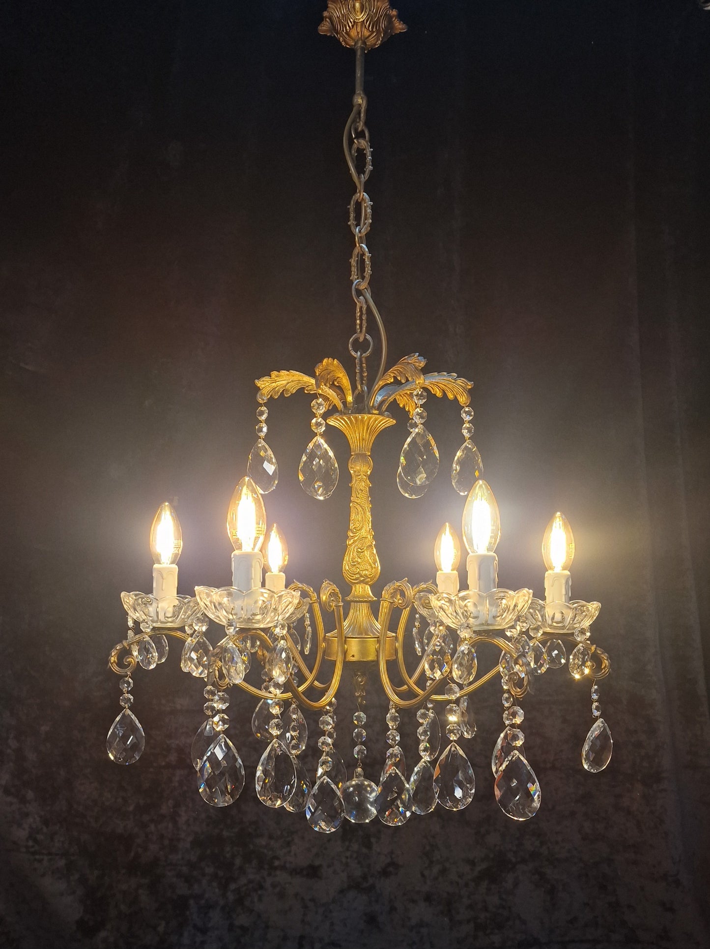 Fabulous Antique French 6 Arm Heavy Brass Crystal Leaf Chandelier Ceiling Light