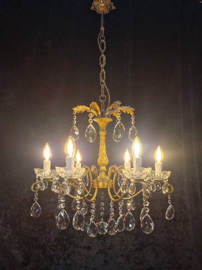 Fabulous Antique French 6 Arm Heavy Brass Crystal Leaf Chandelier Ceiling Light