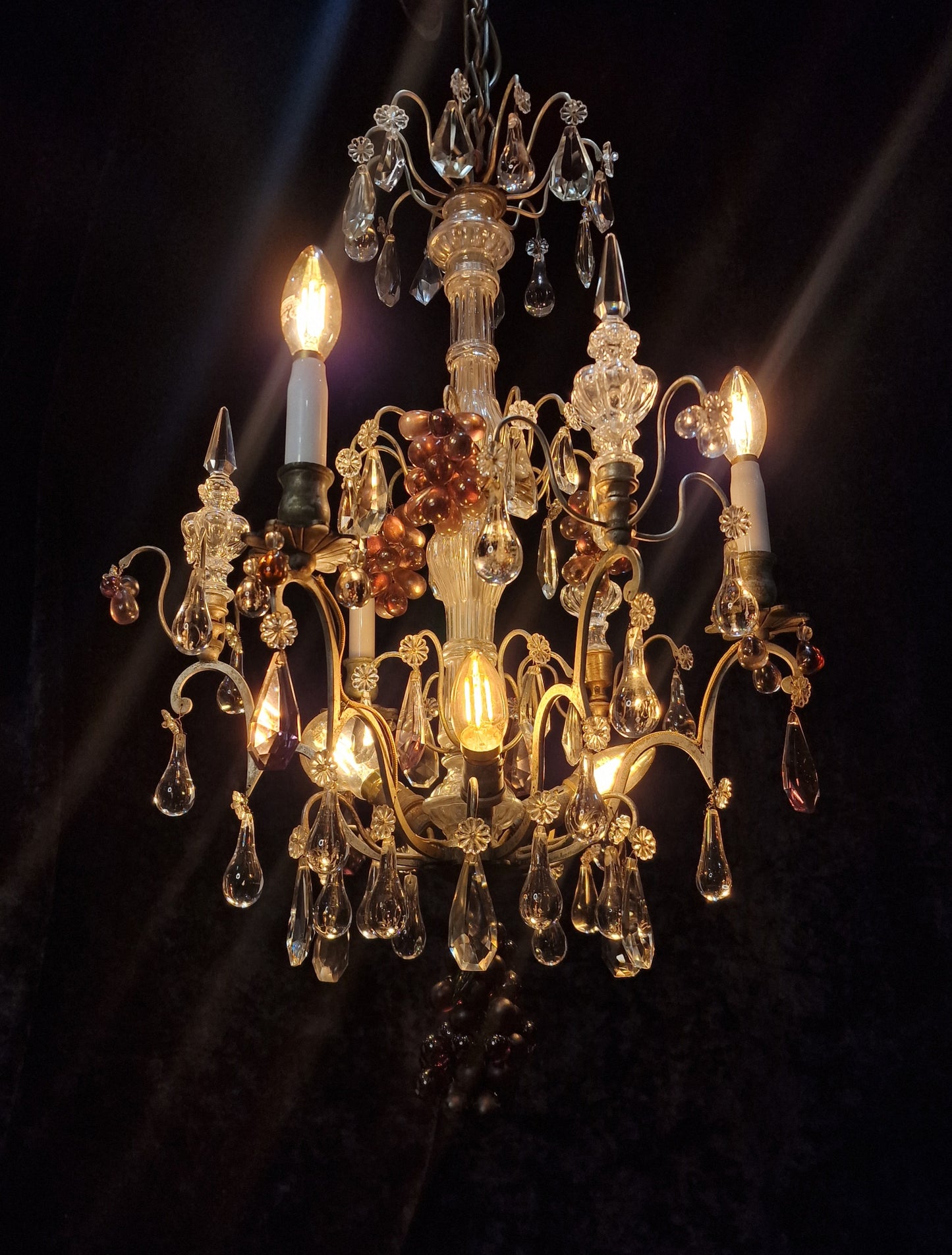Exceptional Antique French 6 Light Murano Grape Crystal Solid Brass Chandelier