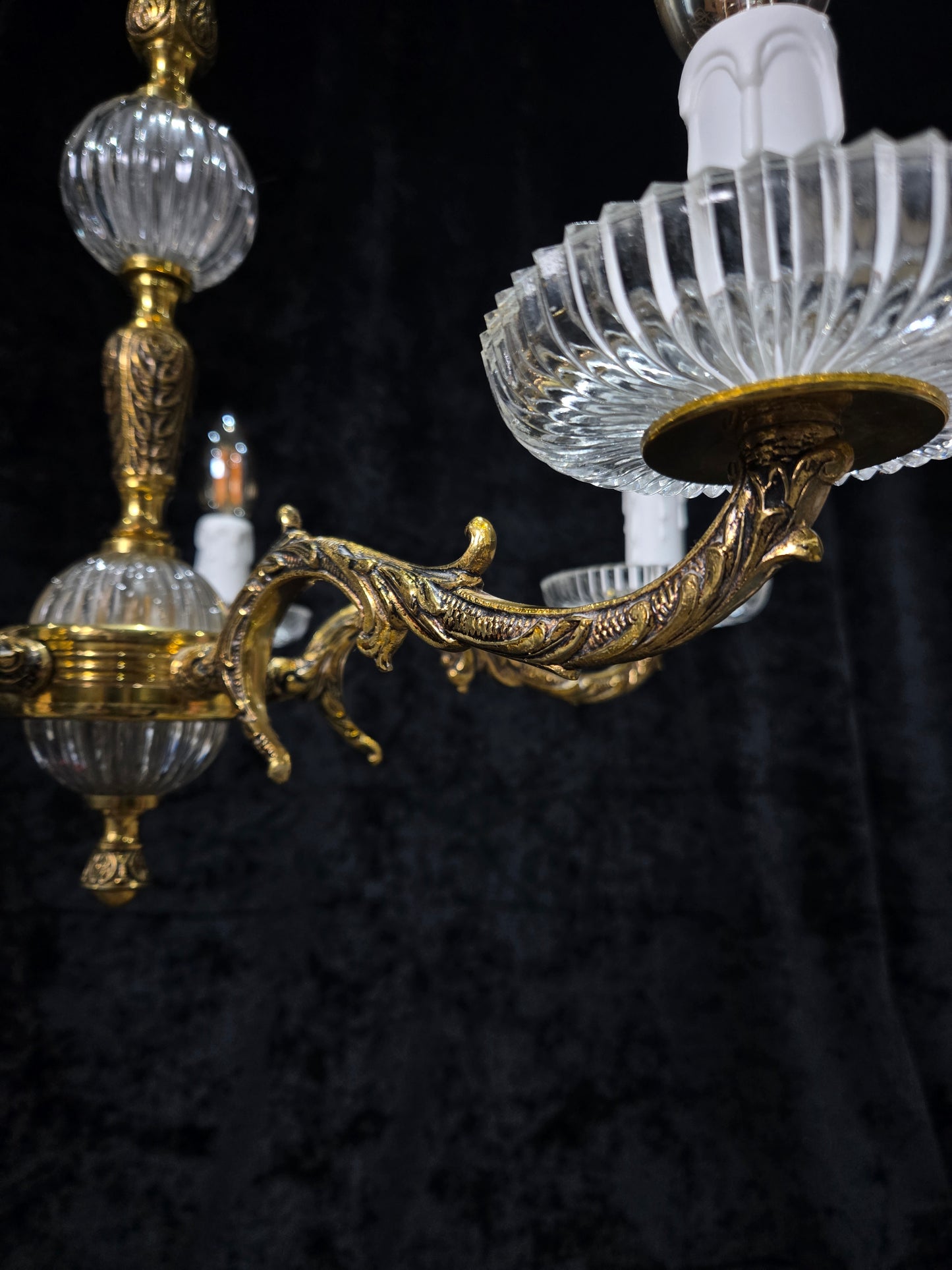 Classical Vintage 5 Arm Brass and Glass Chandelier Ceiling Light