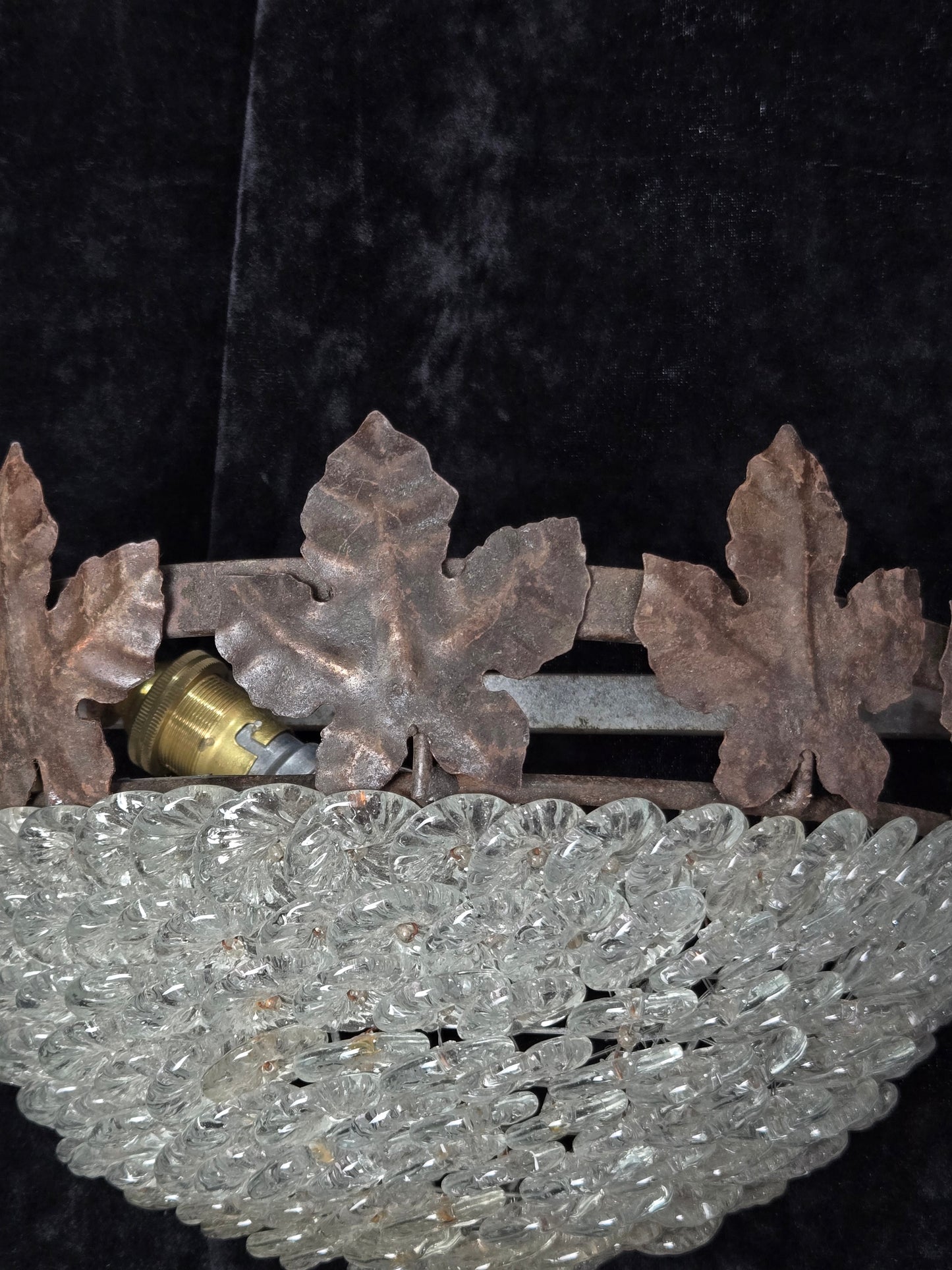 Fabulous Pair Vintage French Iron Murano Glass Basket Leaf Wall Lights Sconces