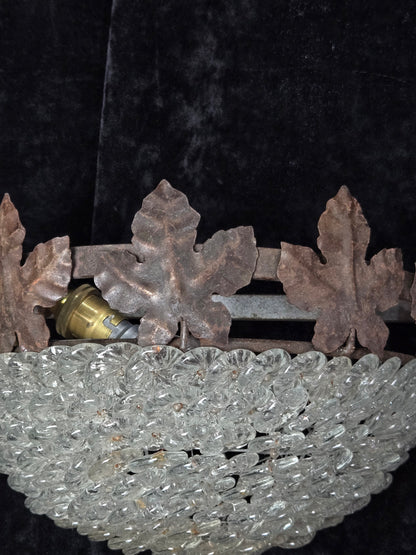 Fabulous Pair Vintage French Iron Murano Glass Basket Leaf Wall Lights Sconces