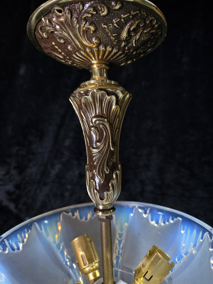 Unique Vintage 3 Light Brass EZAN Vaseline Glass Flush Ceiling Pendant Lantern