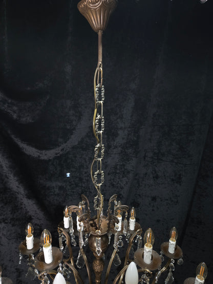 Fabulous Large Vintage Italian 12 Arm 18 Light Brass Crystal Leaf Chandelier