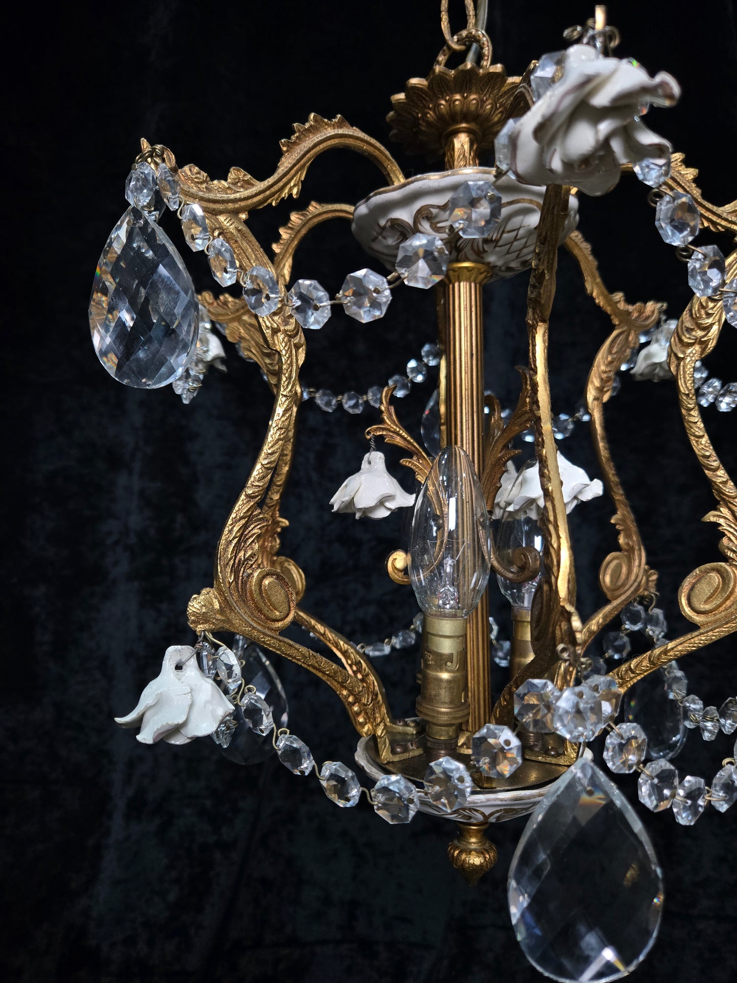 Lovely Vintage Spanish 3 Light Crystal and Brass Ceramic Roses Cage Chandelier