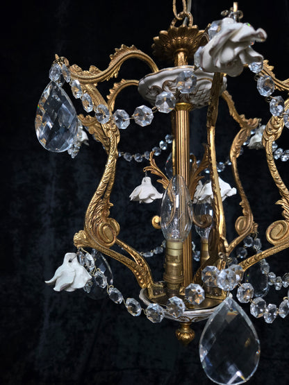 Lovely Vintage Spanish 3 Light Crystal and Brass Ceramic Roses Cage Chandelier