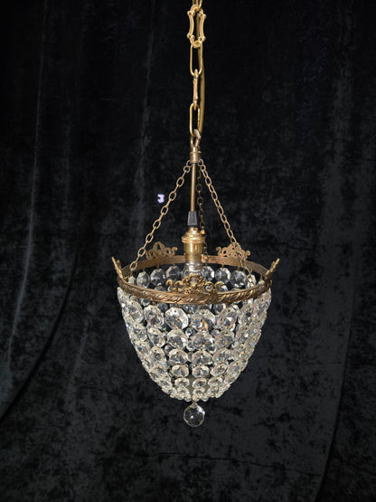 Beautiful Antique French Crystal Bag Brass and Bows Chandelier Ceiling Light
