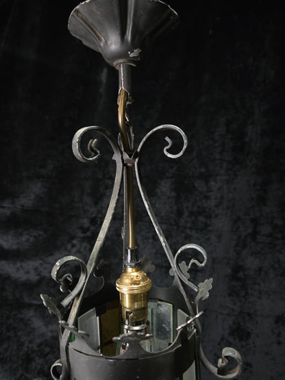 Lovely Petite Vintage French Wrought Iron Gothic Coloured Glass Lantern Light