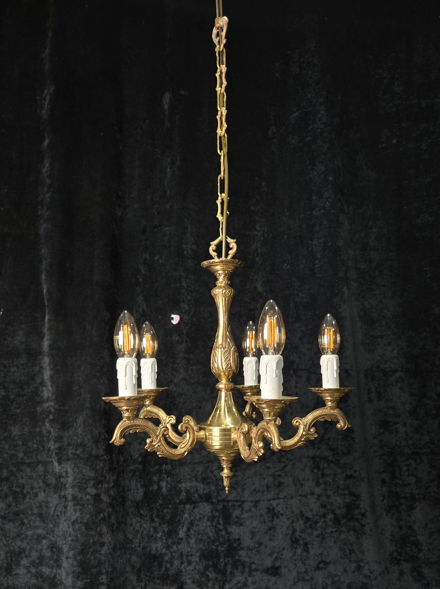 Classical Vintage French 5 Arm Brass Rococo Style Chandelier Ceiling Light