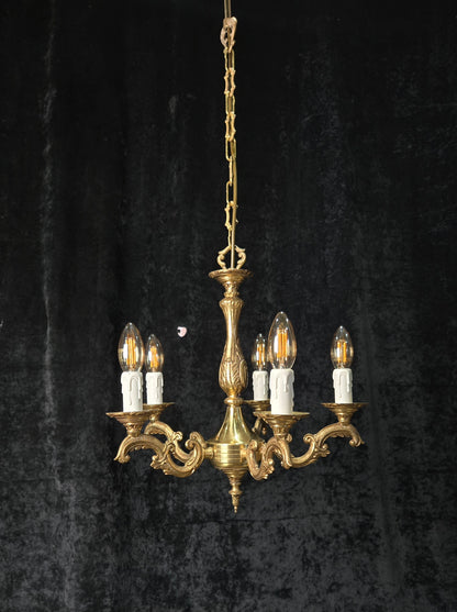Classical Vintage French 5 Arm Brass Rococo Style Chandelier Ceiling Light