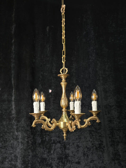 Classical Vintage French 5 Arm Brass Rococo Style Chandelier Ceiling Light