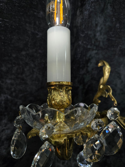 Fabulous Pair of Heavy Brass Vintage French 2 Arm Crystal Wall Lights Sconces