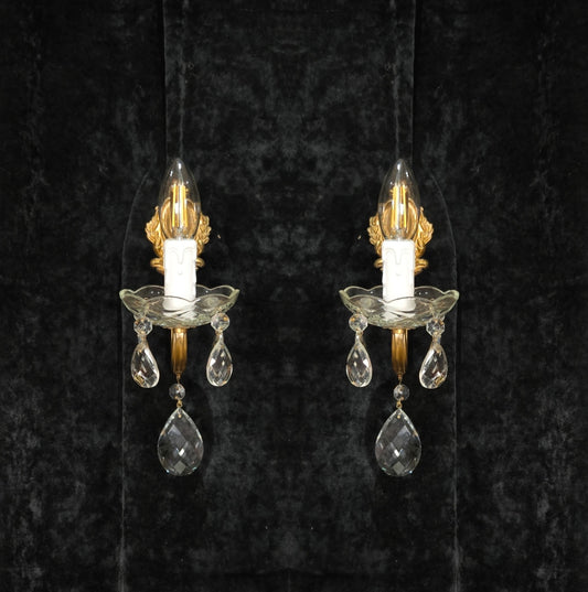 Decorative Pair Vintage Italian Brass Crystal 1 Arm Wall Lights Sconces