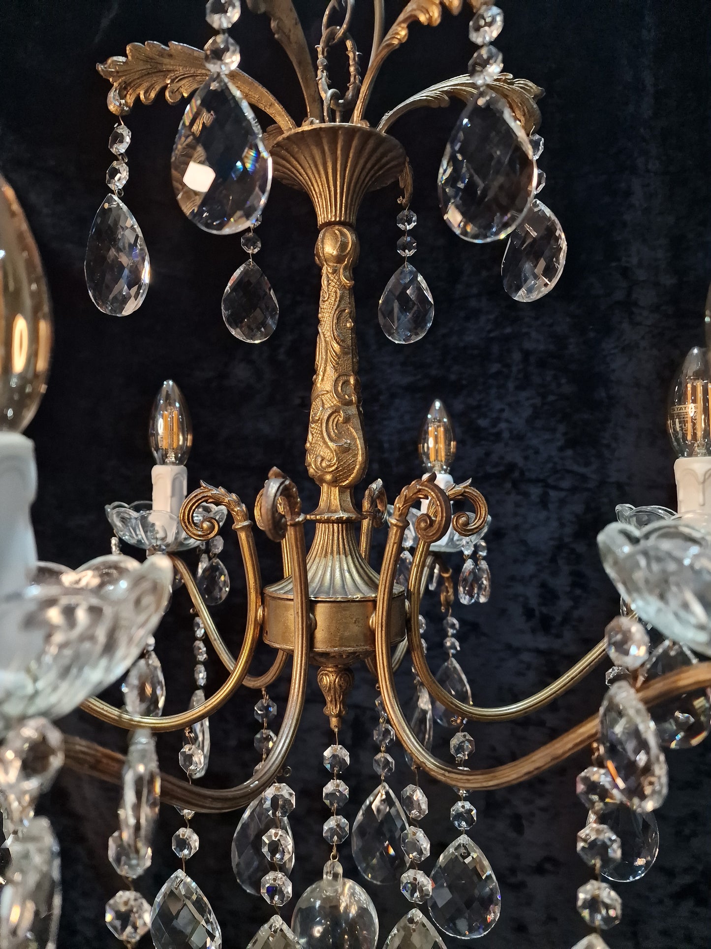 Fabulous Antique French 6 Arm Heavy Brass Crystal Leaf Chandelier Ceiling Light