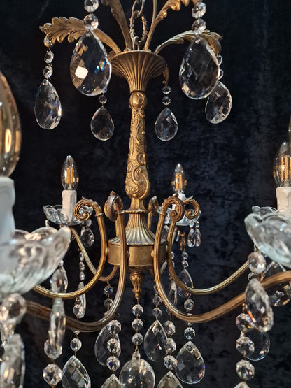 Fabulous Antique French 6 Arm Heavy Brass Crystal Leaf Chandelier Ceiling Light