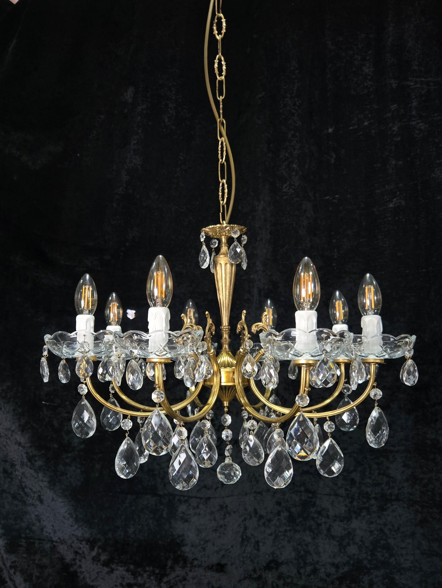 Beautiful Vintage Italian 8 Arm Brass Glass Crystal Chandelier Ceiling Light