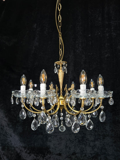 Beautiful Vintage Italian 8 Arm Brass Glass Crystal Chandelier Ceiling Light