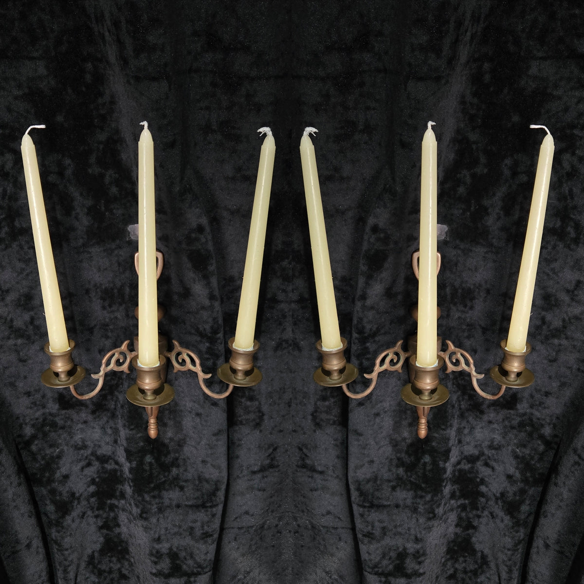 Traditional Pair of Antique 3 Arm Brass Flemish Candle Wall Lights Sconces