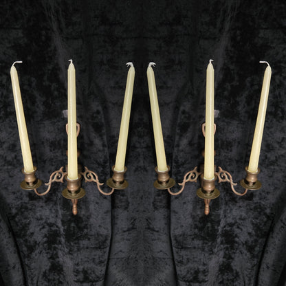 Traditional Pair of Antique 3 Arm Brass Flemish Candle Wall Lights Sconces
