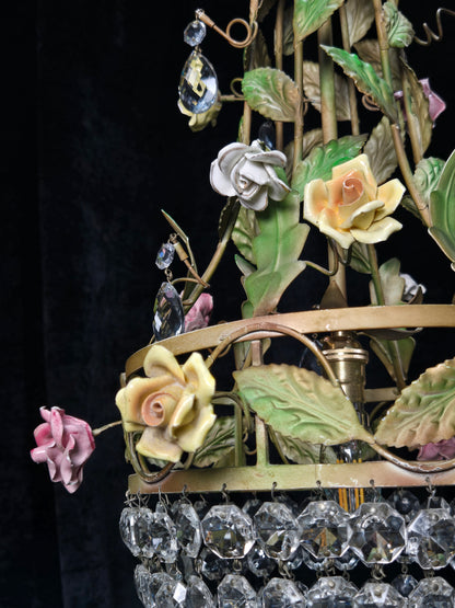 Beautiful Vintage Florentine Italian 1 Light Crystal Roses Toleware Chandelier
