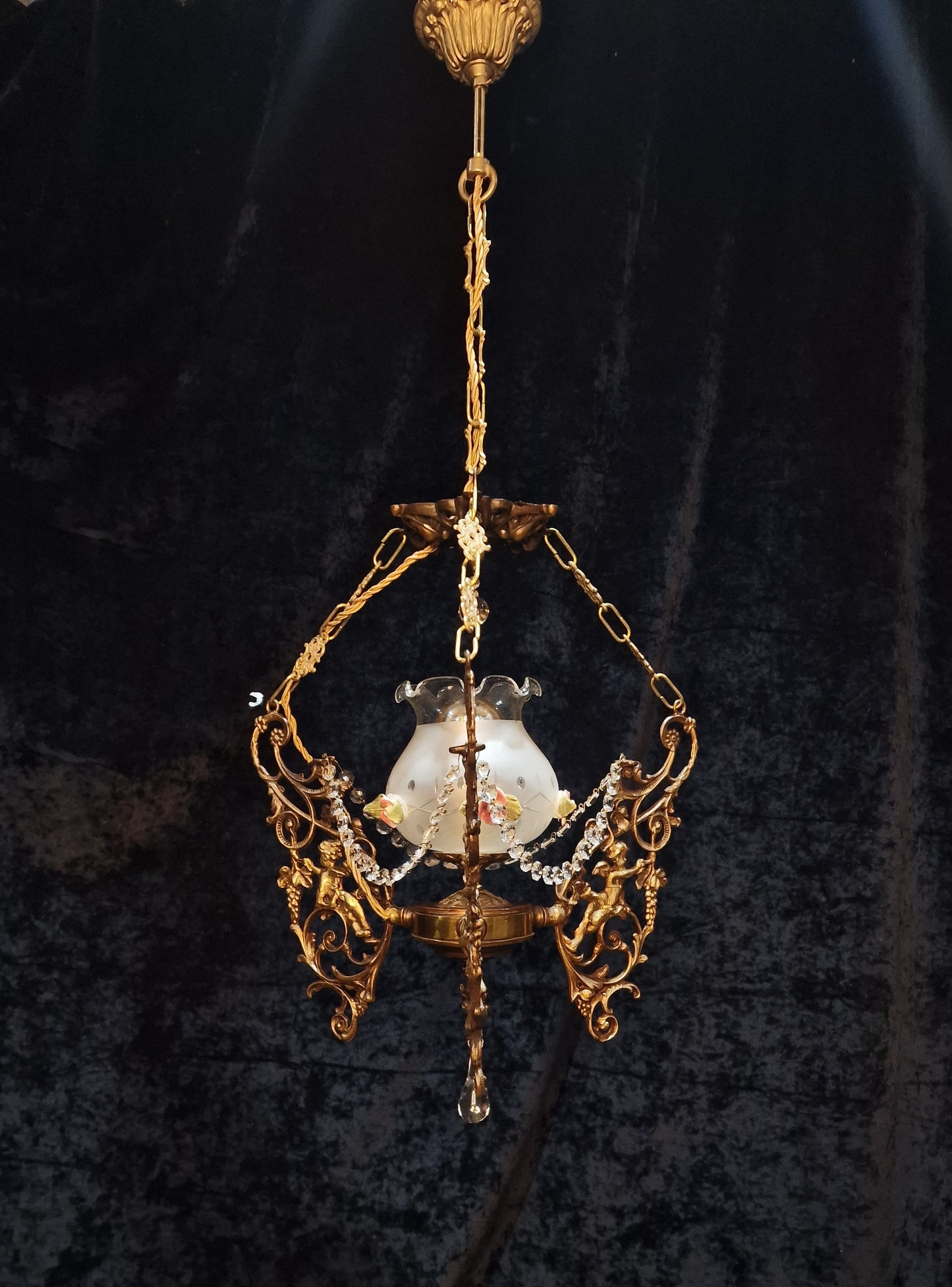 Beautiful Vintage Brass Italian Cherub Flower Caged Crystal Chandelier Light