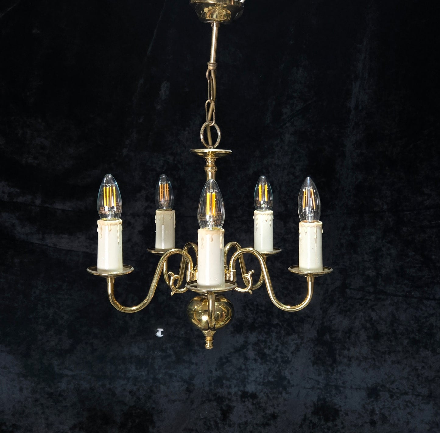 Classical Vintage Small 5 Arm Polished Brass Flemish Chandelier Ceiling Light
