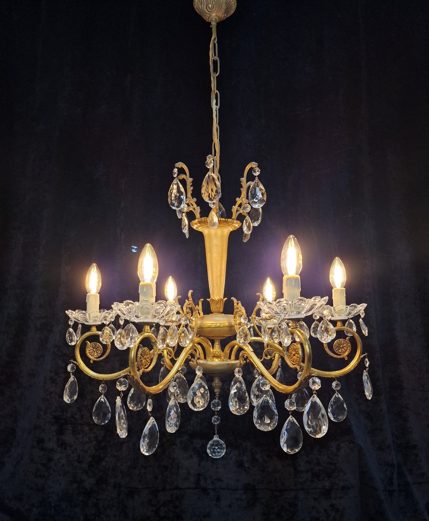 Stunning Vintage Italian 6 Arm Brass Crystal Foliage Leaf Chandelier Light