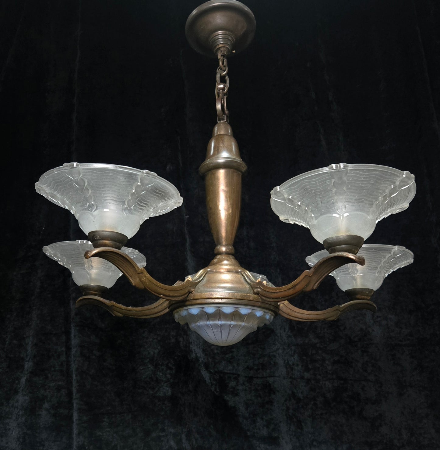 Large Antique French EZAN Art Deco 5 Arm 6 Light Brass Heavy Chandelier Light