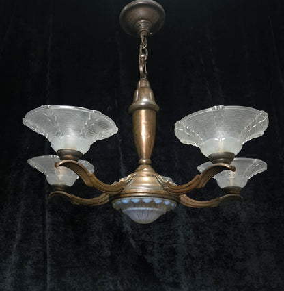 Large Antique French EZAN Art Deco 5 Arm 6 Light Brass Heavy Chandelier Light