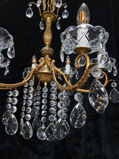 Gorgeous Heavy Vintage Italian 6 Arm Brass Leaf Crystal Chandelier Ceiling Light
