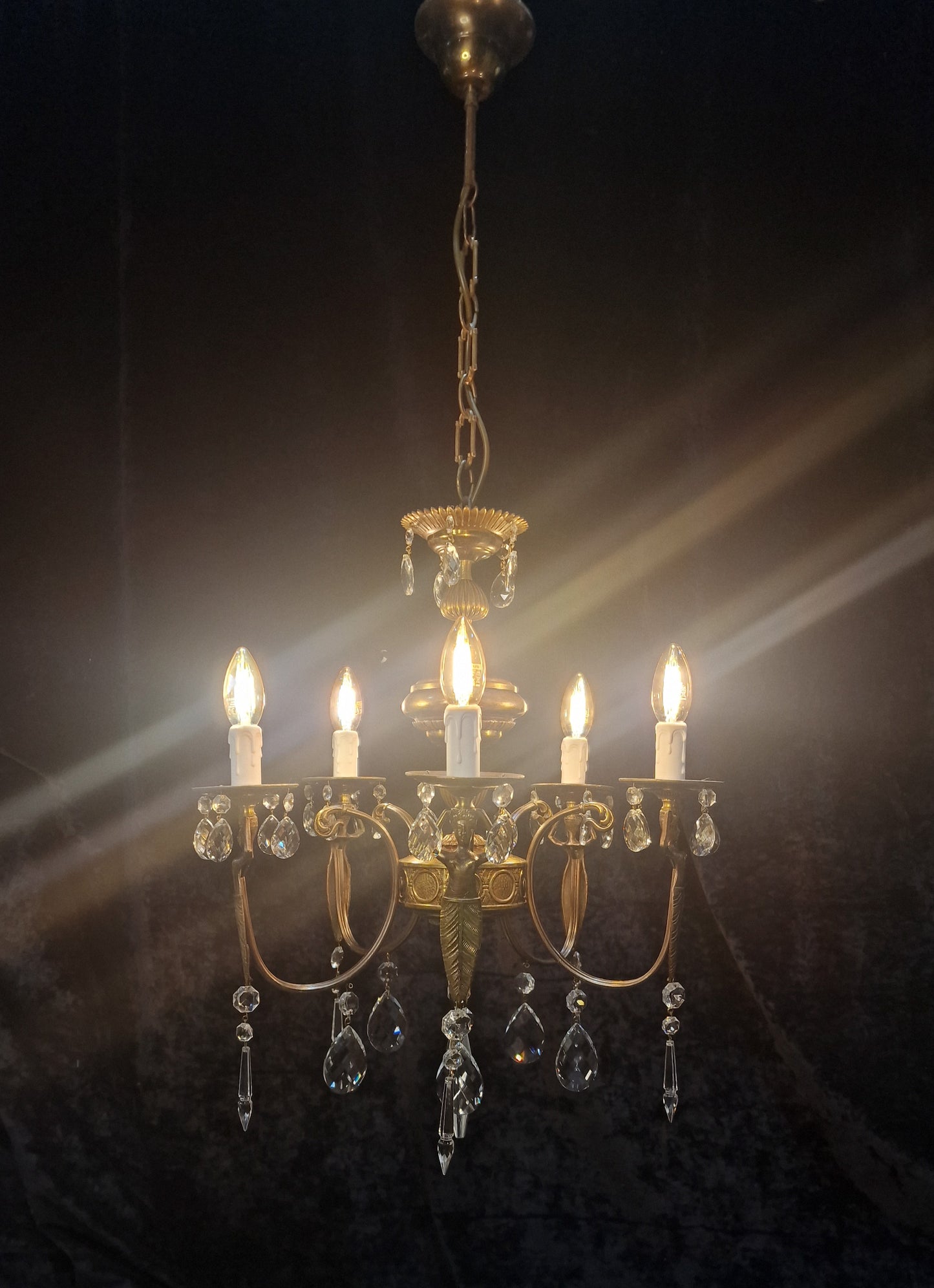 Unique Elegant Vintage Italian 5 Arm Brass and Crystal Mermaid Chandelier Light