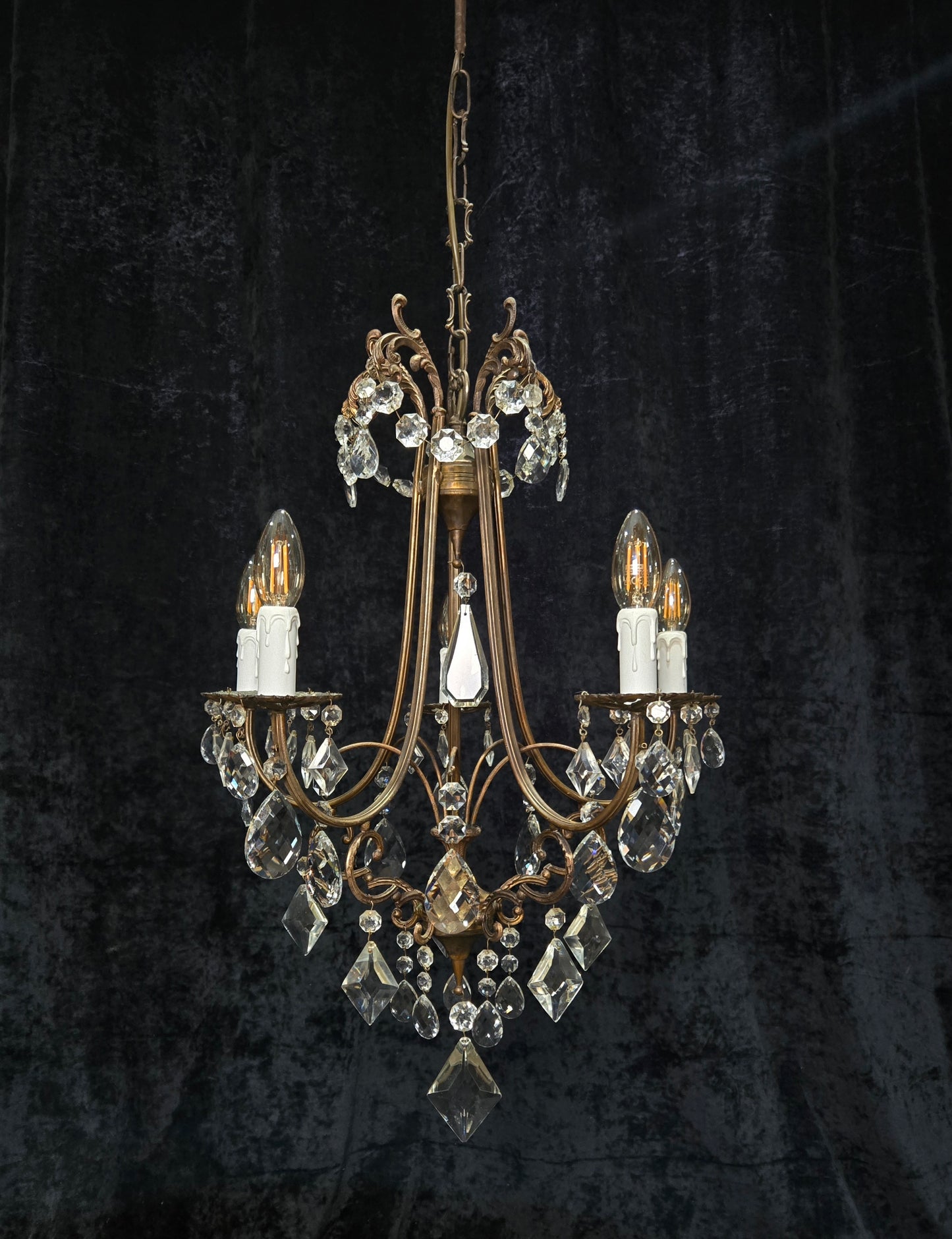 Beautiful Vintage Italian 5 Arm Brass Crystal Cage Chandelier Ceiling Light