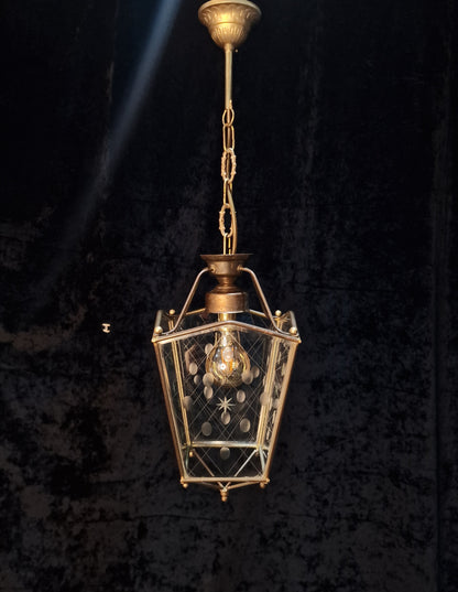 Classical Vintage French 1 Light Brass Bevelled Cut Glass Lantern Ceiling Light