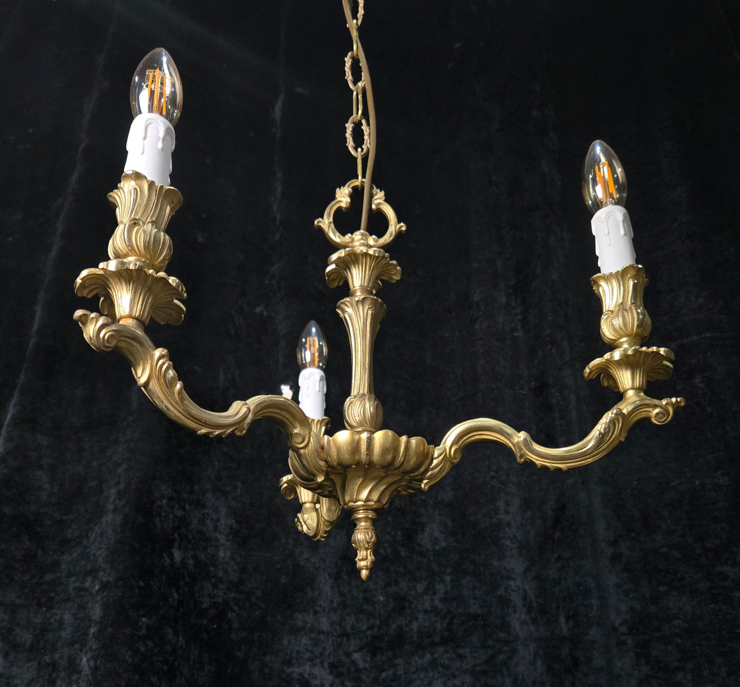 Traditional Antique French Solid Brass 3 Arm Rococo Style Chandelier Light